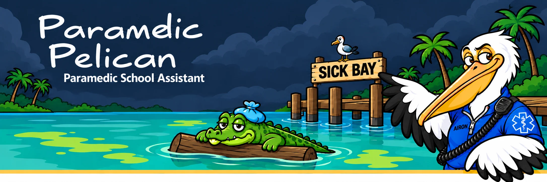 Paramedic Pelican — Paramedic School Assistant. Airon points toward Sick Bay beside an alligator resting with an ice pack.
